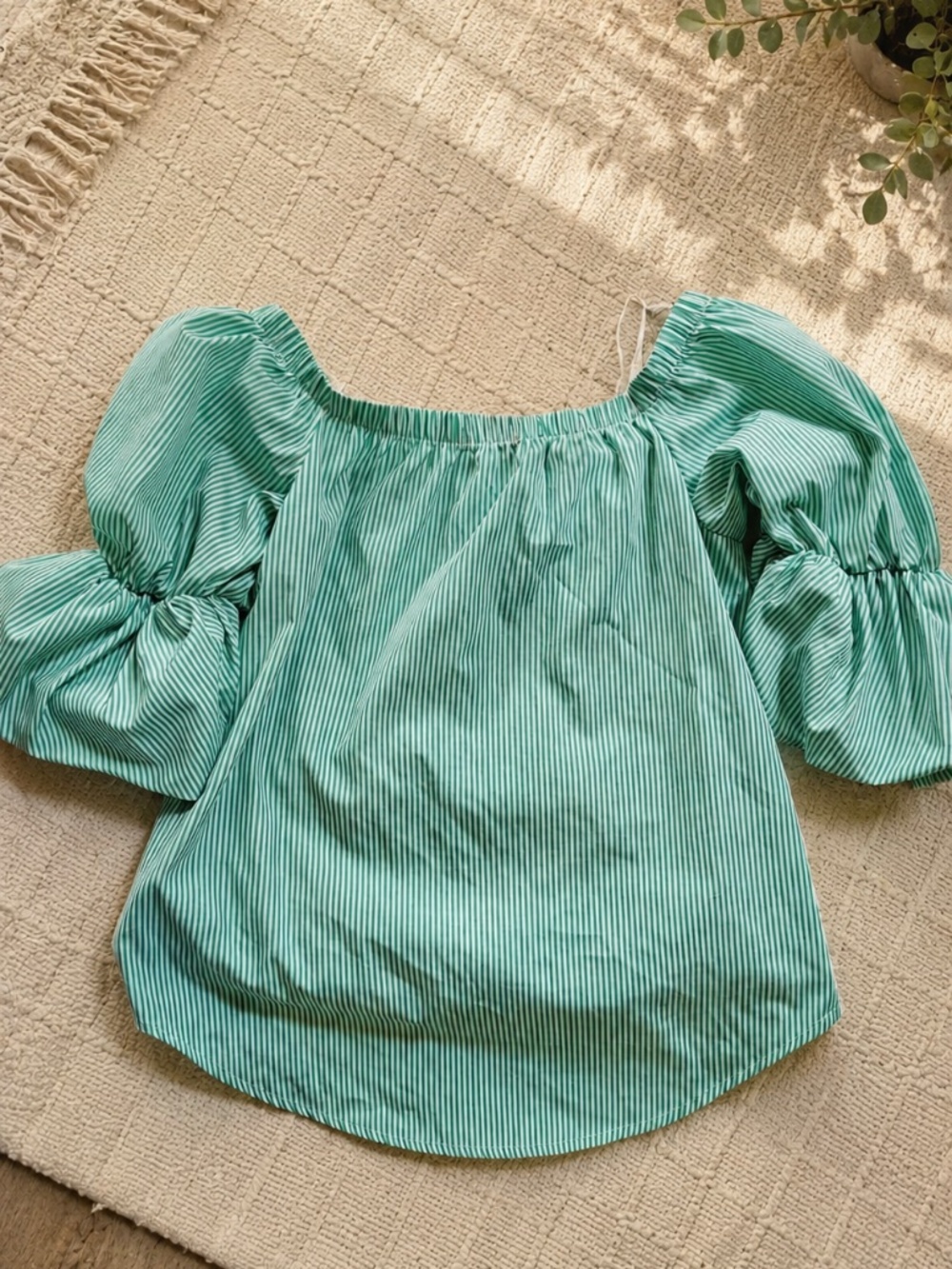 Gibson Latimer Green White Striped Off Shoulder Puff Sleeve Blouse
